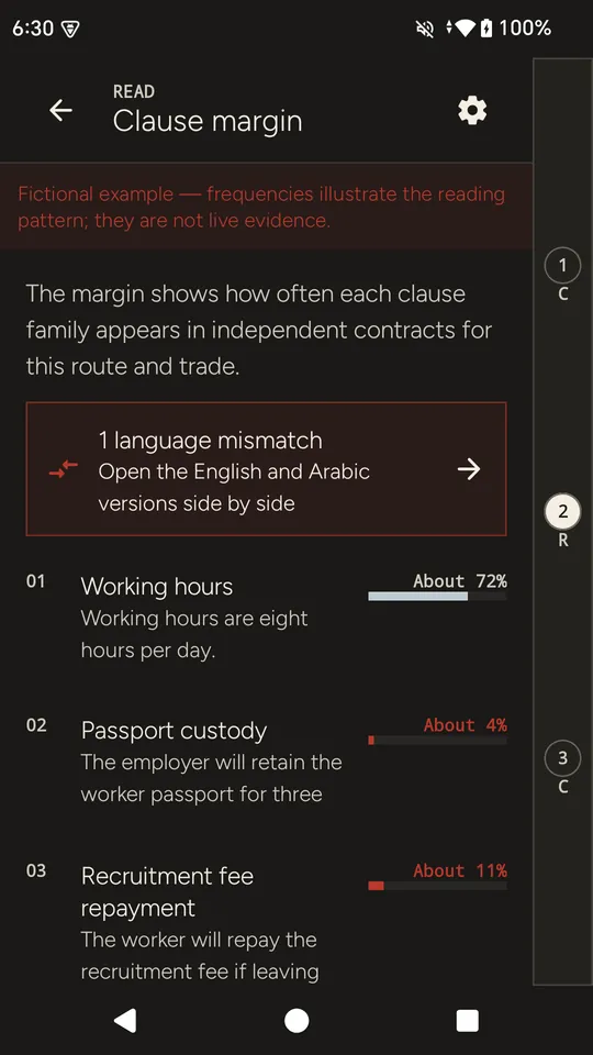Baldintza screen: a bar beside each clause, on a fictional example contract