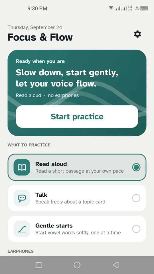 Focus & Flow screen: choose what to practice