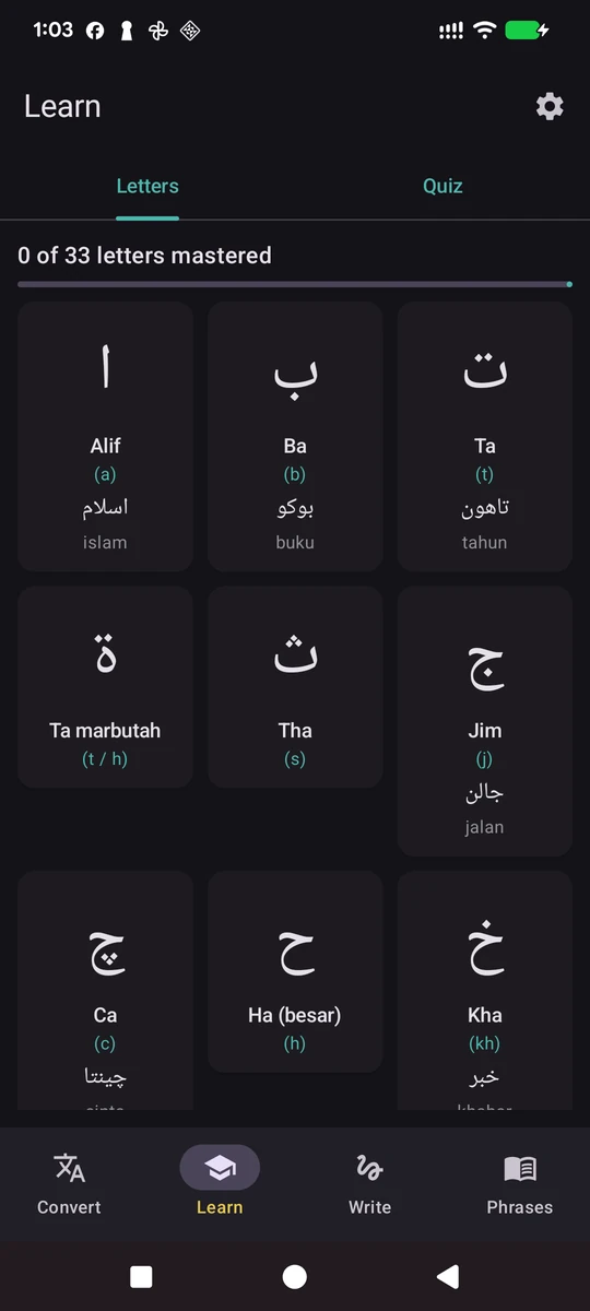 Jawi Brunei Learn screen showing letter shapes, names, sounds and example words