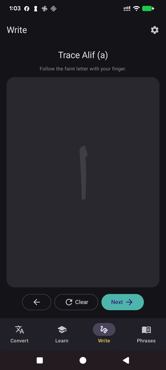 Jawi Brunei Write screen with a faint Alif guide and Clear and Next controls