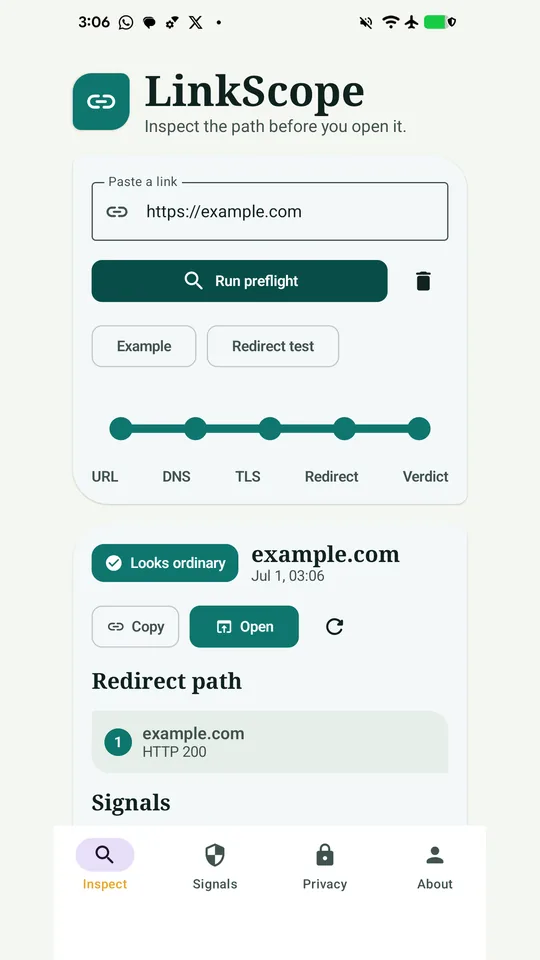 LinkScope screen: Inspect a link