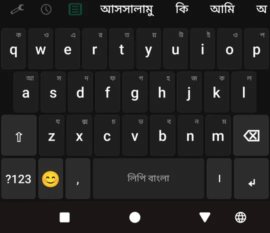Lipi keyboard in Avro Phonetic mode with Bangla suggestions above the keys