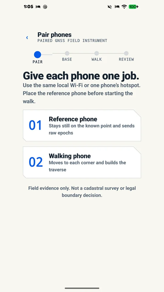 Muganhu Pair Phones screen showing role selection for reference phone and walking phone over local Wi-Fi