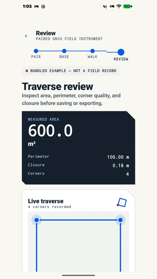 Muganhu Traverse Review screen showing 600.0 m² measured area, 100.00 m perimeter, and 0.18 m closure