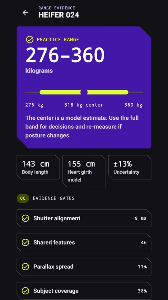 Pwyso screen: a practice result shown as a weight range