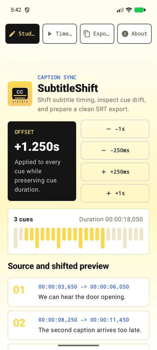 SubtitleShift Caption Sync screen showing a +1.250s offset, quick adjustment buttons, and before-and-after cue previews
