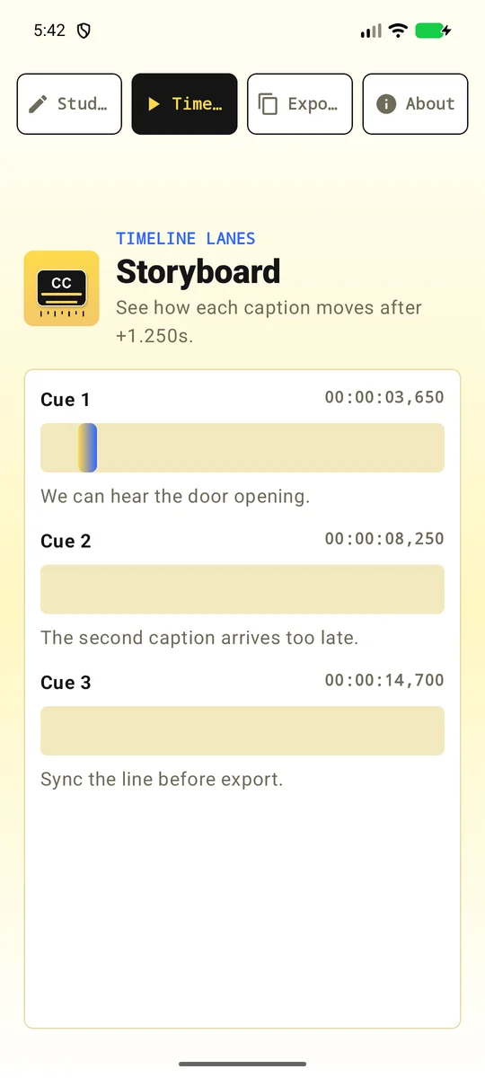 SubtitleShift Storyboard timeline lanes showing how each caption moves across time