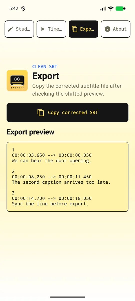 SubtitleShift Export screen showing clean SRT export options and sequential timestamp formatting