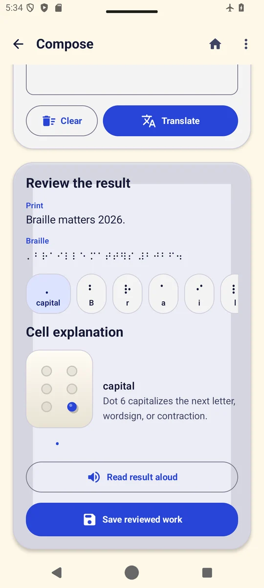 TactiGlyph translating print to braille, with a capital sign explained as dot 6