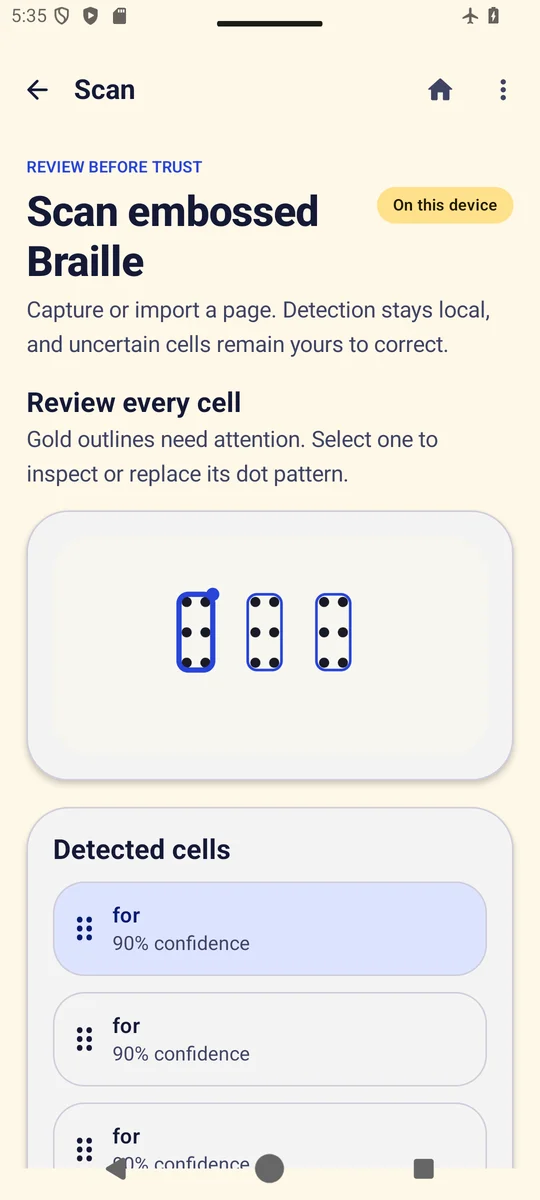 TactiGlyph scan screen asking the user to review every detected braille cell