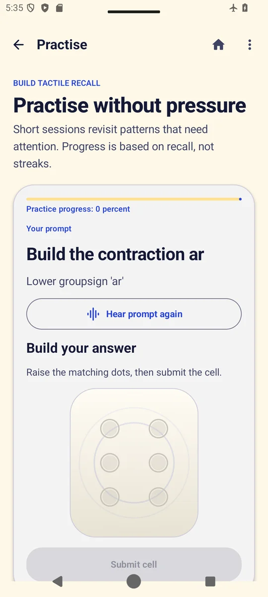 TactiGlyph practice screen asking the user to build the contraction ar